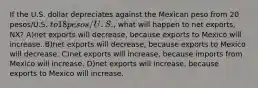 If the U.S. dollar depreciates against the Mexican peso from 20 pesos/U.S. to 18 pesos/U.S., what will happen to net exports, NX? A)net exports will decrease, because exports to Mexico will increase. B)net exports will decrease, because exports to Mexico will decrease. C)net exports will increase, because imports from Mexico will increase. D)net exports will increase, because exports to Mexico will increase.