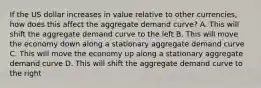 If the US dollar increases in value relative to other currencies, how does this affect the aggregate demand curve? A. This will shift the aggregate demand curve to the left B. This will move the economy down along a stationary aggregate demand curve C. This will move the economy up along a stationary aggregate demand curve D. This will shift the aggregate demand curve to the right