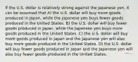 If the U.S. dollar is relatively strong against the Japanese yen, it can be assumed that A) the U.S. dollar will buy more goods produced in Japan, while the Japanese yen buys fewer goods produced in the United States. B) the U.S. dollar will buy fewer goods produced in Japan, while the Japanese yen buys more goods produced in the United States. C) the U.S. dollar will buy more goods produced in Japan and the Japanese yen will also buy more goods produced in the United States. D) the U.S. dollar will buy fewer goods produced in Japan and the Japanese yen will also buy fewer goods produced in the United States.