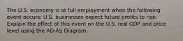 The U.S. economy is at full employment when the following event​ occurs: U.S. businesses expect future profits to rise. Explain the effect of this event on the U.S. real GDP and price level using the AD-AS Diagram.