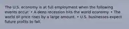 The U.S. economy is at full employment when the following events occur: • A deep recession hits the world economy. • The world oil price rises by a large amount. • U.S. businesses expect future profits to fall.