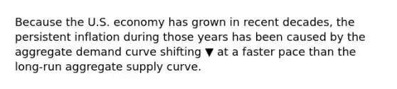 Because the U.S. economy has grown in recent​ decades, the persistent inflation during those years has been caused by the aggregate demand curve shifting ▼ at a faster pace than the​ long-run aggregate supply curve.