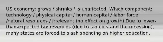 US economy: grows / shrinks / is unaffected. Which component: technology / physical capital / human capital / labor force /<a href='https://www.questionai.com/knowledge/k6l1d2KrZr-natural-resources' class='anchor-knowledge'>natural resources</a> / irrelevant (no effect on growth) Due to lower-than-expected tax revenues (due to tax cuts and the recession), many states are forced to slash spending on higher education.