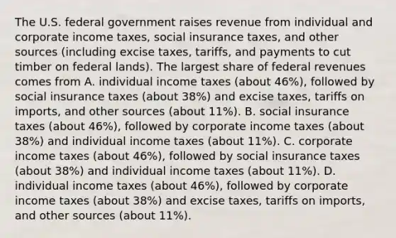 The U.S. federal government raises revenue from individual and corporate income​ taxes, social insurance​ taxes, and other sources​ (including excise​ taxes, tariffs, and payments to cut timber on federal​ lands). The largest share of federal revenues comes from A. individual income taxes​ (about 46%), followed by social insurance taxes​ (about 38%) and excise​ taxes, tariffs on​ imports, and other sources​ (about ​11%). B. social insurance taxes​ (about 46%), followed by corporate income taxes​ (about 38%) and individual income taxes​ (about ​11%). C. corporate income taxes​ (about 46%), followed by social insurance taxes​ (about 38%) and individual income taxes​ (about ​11%). D. individual income taxes​ (about 46%), followed by corporate income taxes​ (about 38%) and excise​ taxes, tariffs on​ imports, and other sources​ (about ​11%).