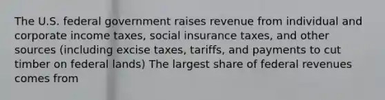 The U.S. federal government raises revenue from individual and corporate income taxes, social insurance taxes, and other sources (including excise taxes, tariffs, and payments to cut timber on federal lands) The largest share of federal revenues comes from