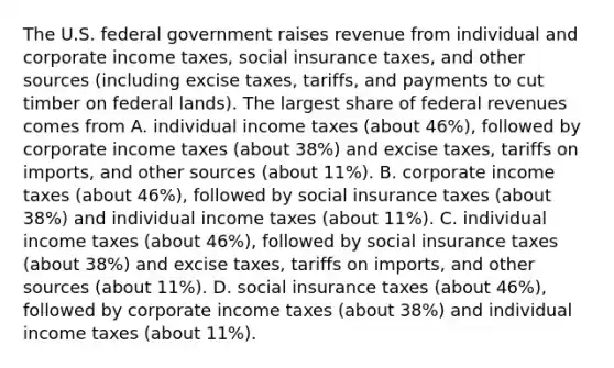 The U.S. federal government raises revenue from individual and corporate income​ taxes, social insurance​ taxes, and other sources​ (including excise​ taxes, tariffs, and payments to cut timber on federal​ lands). The largest share of federal revenues comes from A. individual income taxes​ (about 46%), followed by corporate income taxes​ (about 38%) and excise​ taxes, tariffs on​ imports, and other sources​ (about ​11%). B. corporate income taxes​ (about 46%), followed by social insurance taxes​ (about 38%) and individual income taxes​ (about ​11%). C. individual income taxes​ (about 46%), followed by social insurance taxes​ (about 38%) and excise​ taxes, tariffs on​ imports, and other sources​ (about ​11%). D. social insurance taxes​ (about 46%), followed by corporate income taxes​ (about 38%) and individual income taxes​ (about ​11%).