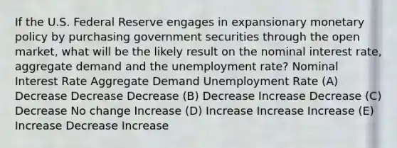 If the U.S. Federal Reserve engages in expansionary monetary policy by purchasing government securities through the open market, what will be the likely result on the nominal interest rate, aggregate demand and the unemployment rate? Nominal Interest Rate Aggregate Demand Unemployment Rate (A) Decrease Decrease Decrease (B) Decrease Increase Decrease (C) Decrease No change Increase (D) Increase Increase Increase (E) Increase Decrease Increase