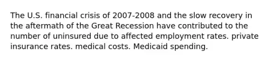 The U.S. financial crisis of 2007-2008 and the slow recovery in the aftermath of the Great Recession have contributed to the number of uninsured due to affected employment rates. private insurance rates. medical costs. Medicaid spending.