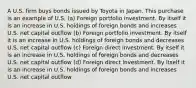 A U.S. firm buys bonds issued by Toyota in Japan. This purchase is an example of U.S. (a) Foreign portfolio investment. By itself it is an increase in U.S. holdings of foreign bonds and increases U.S. net capital outflow (b) Foreign portfolio investment. By itself it is an increase in U.S. holdings of foreign bonds and decreases U.S. net capital outflow (c) Foreign direct investment. By itself it is an increase in U.S. holdings of foreign bonds and decreases U.S. net capital outflow (d) Foreign direct investment. By itself it is an increase in U.S. holdings of foreign bonds and increases U.S. net capital outflow