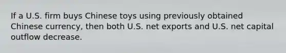 If a U.S. firm buys Chinese toys using previously obtained Chinese currency, then both U.S. net exports and U.S. net capital outflow decrease.