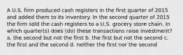 A U.S. firm produced cash registers in the first quarter of 2015 and added them to its inventory. In the second quarter of 2015 the firm sold the cash registers to a U.S. grocery store chain. In which quarter(s) does (do) these transactions raise investment? a. the second but not the first b. the first but not the second c. the first and the second d. neither the first nor the second