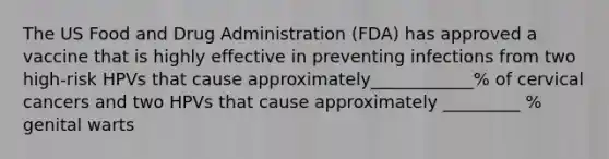 The US Food and Drug Administration (FDA) has approved a vaccine that is highly effective in preventing infections from two high-risk HPVs that cause approximately____________% of cervical cancers and two HPVs that cause approximately _________ % genital warts