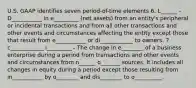 U.S. GAAP identifies seven period-of-time elements 6. L______ - D___________ in e_________ (net assets) from an entity's peripheral or incidental transactions and from all other transactions and other events and circumstances affecting the entity except those that result from e___________ or di____________ to owners. 7. c____________ i_________ - The change in e________ of a business enterprise during a period from transactions and other events and circumstances from n______ o_______ sources. It includes all changes in equity during a period except those resulting from in___________ by o________ and dis________ to o__________.