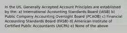 In the US, Generally Accepted Account Principles are established by the: a) International Accounting Standards Board (IASB) b) Public Company Accounting Oversight Board (PCAOB) c) Financial Accounting Standards Board (FASB) d) American Institute of Certified Public Accountants (AICPA) e) None of the above