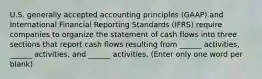 U.S. generally accepted accounting principles (GAAP) and International Financial Reporting Standards (IFRS) require companies to organize the statement of cash flows into three sections that report cash flows resulting from ______ activities, ______ activities, and ______ activities. (Enter only one word per blank)