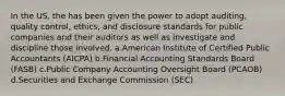 In the US, the has been given the power to adopt auditing, quality control, ethics, and disclosure standards for public companies and their auditors as well as investigate and discipline those involved. a.American Institute of Certified Public Accountants (AICPA) b.Financial Accounting Standards Board (FASB) c.Public Company Accounting Oversight Board (PCAOB) d.Securities and Exchange Commission (SEC)