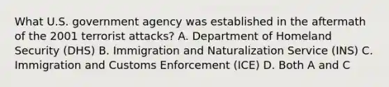 What U.S. government agency was established in the aftermath of the 2001 terrorist attacks? A. Department of Homeland Security (DHS) B. Immigration and Naturalization Service (INS) C. Immigration and Customs Enforcement (ICE) D. Both A and C