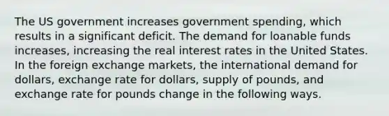 The US government increases government spending, which results in a significant deficit. The demand for loanable funds increases, increasing the real interest rates in the United States. In the foreign exchange markets, the international demand for dollars, exchange rate for dollars, supply of pounds, and exchange rate for pounds change in the following ways.