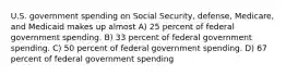 U.S. government spending on Social Security, defense, Medicare, and Medicaid makes up almost A) 25 percent of federal government spending. B) 33 percent of federal government spending. C) 50 percent of federal government spending. D) 67 percent of federal government spending