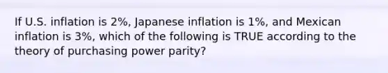 If U.S. inflation is 2%, Japanese inflation is 1%, and Mexican inflation is 3%, which of the following is TRUE according to the theory of purchasing power parity?