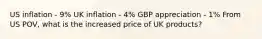 US inflation - 9% UK inflation - 4% GBP appreciation - 1% From US POV, what is the increased price of UK products?