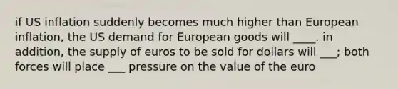 if US inflation suddenly becomes much higher than European inflation, the US demand for European goods will ____. in addition, the supply of euros to be sold for dollars will ___; both forces will place ___ pressure on the value of the euro