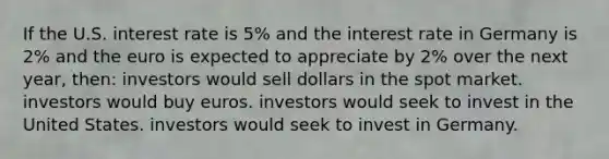 If the U.S. interest rate is 5% and the interest rate in Germany is 2% and the euro is expected to appreciate by 2% over the next year, then: investors would sell dollars in the spot market. investors would buy euros. investors would seek to invest in the United States. investors would seek to invest in Germany.