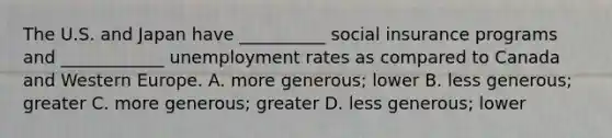 The U.S. and Japan have​ __________ social insurance programs and​ ____________ unemployment rates as compared to Canada and Western Europe. A. more​ generous; lower B. less​ generous; greater C. more​ generous; greater D. less​ generous; lower