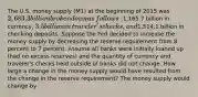 The U.S. money supply (M1) at the beginning of 2015 was​ 2,683.3 billion broken down as​ follows:1,165.7 billion in​ currency, 3.5 billion in​ traveler's checks, and​1,514.1 billion in checking deposits. Suppose the Fed decided to increase the money supply by decreasing the reserve requirement from 8 percent to 7 percent. Assume all banks were initially loaned up​ (had no excess​ reserves) and the quantity of currency and​ traveler's checks held outside of banks did not change. How large a change in the money supply would have resulted from the change in the reserve​ requirement? The money supply would change by