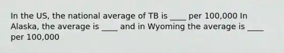 In the US, the national average of TB is ____ per 100,000 In Alaska, the average is ____ and in Wyoming the average is ____ per 100,000