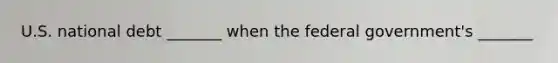 U.S. national debt _______ when the federal government's _______