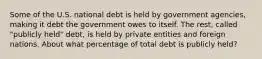 Some of the U.S. national debt is held by government agencies, making it debt the government owes to itself. The rest, called "publicly held" debt, is held by private entities and foreign nations. About what percentage of total debt is publicly held?