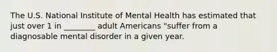 The U.S. National Institute of Mental Health has estimated that just over 1 in ________ adult Americans "suffer from a diagnosable mental disorder in a given year.