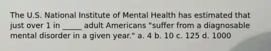 The U.S. National Institute of Mental Health has estimated that just over 1 in _____ adult Americans "suffer from a diagnosable mental disorder in a given year." a. 4 b. 10 c. 125 d. 1000