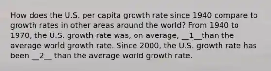 How does the U.S. per capita growth rate since 1940 compare to growth rates in other areas around the world? From 1940 to 1970, the U.S. growth rate was, on average, __1__than the average world growth rate. Since 2000, the U.S. growth rate has been __2__ than the average world growth rate.