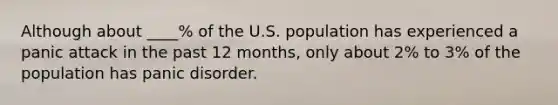 Although about ____% of the U.S. population has experienced a panic attack in the past 12 months, only about 2% to 3% of the population has panic disorder.