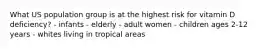 What US population group is at the highest risk for vitamin D deficiency? - infants - elderly - adult women - children ages 2-12 years - whites living in tropical areas