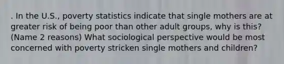 . In the U.S., poverty statistics indicate that single mothers are at greater risk of being poor than other adult groups, why is this? (Name 2 reasons) What sociological perspective would be most concerned with poverty stricken single mothers and children?