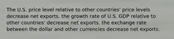 The U.S. price level relative to other​ countries' price levels decrease net exports. the growth rate of U.S. GDP relative to other​ countries' decrease net exports. the exchange rate between the dollar and other currencies decrease net exports.