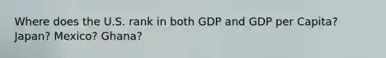 Where does the U.S. rank in both GDP and GDP per Capita? Japan? Mexico? Ghana?