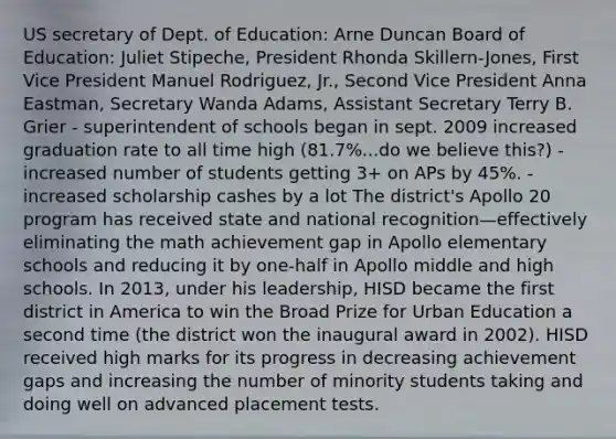 US secretary of Dept. of Education: Arne Duncan Board of Education: Juliet Stipeche, President Rhonda Skillern-Jones, First Vice President Manuel Rodriguez, Jr., Second Vice President Anna Eastman, Secretary Wanda Adams, Assistant Secretary Terry B. Grier - superintendent of schools began in sept. 2009 increased graduation rate to all time high (81.7%...do we believe this?) -increased number of students getting 3+ on APs by 45%. -increased scholarship cashes by a lot The district's Apollo 20 program has received state and national recognition—effectively eliminating the math achievement gap in Apollo elementary schools and reducing it by one-half in Apollo middle and high schools. In 2013, under his leadership, HISD became the first district in America to win the Broad Prize for Urban Education a second time (the district won the inaugural award in 2002). HISD received high marks for its progress in decreasing achievement gaps and increasing the number of minority students taking and doing well on advanced placement tests.