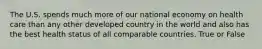 The U.S. spends much more of our national economy on health care than any other developed country in the world and also has the best health status of all comparable countries. True or False