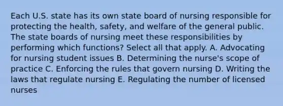 Each U.S. state has its own state board of nursing responsible for protecting the health, safety, and welfare of the general public. The state boards of nursing meet these responsibilities by performing which functions? Select all that apply. A. Advocating for nursing student issues B. Determining the nurse's scope of practice C. Enforcing the rules that govern nursing D. Writing the laws that regulate nursing E. Regulating the number of licensed nurses