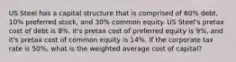 US Steel has a capital structure that is comprised of 60% debt, 10% preferred stock, and 30% common equity. US Steel's pretax cost of debt is 8%. It's pretax cost of preferred equity is 9%, and it's pretax cost of common equity is 14%. If the corporate tax rate is 50%, what is the weighted average cost of capital?