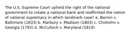 The U.S. Supreme Court upheld the right of the national government to create a national bank and reaffirmed the notion of national supremacy in which landmark case? a. Barron v. Baltimore (1833) b. Marbury v. Madison (1803) c. Chisholm v. Georgia (1793) d. McCulloch v. Maryland (1819)