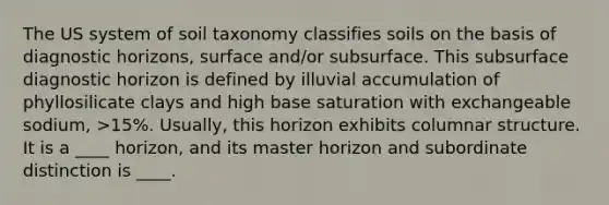 The US system of soil taxonomy classifies soils on the basis of diagnostic horizons, surface and/or subsurface. This subsurface diagnostic horizon is defined by illuvial accumulation of phyllosilicate clays and high base saturation with exchangeable sodium, >15%. Usually, this horizon exhibits columnar structure. It is a ____ horizon, and its master horizon and subordinate distinction is ____.