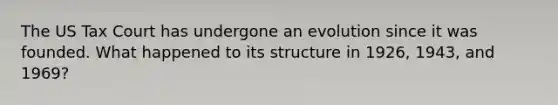 The US Tax Court has undergone an evolution since it was founded. What happened to its structure in 1926, 1943, and 1969?