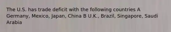 The U.S. has trade deficit with the following countries A Germany, Mexico, Japan, China B U.K., Brazil, Singapore, Saudi Arabia