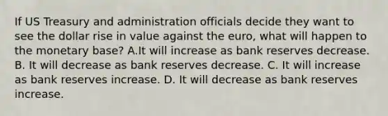 If US Treasury and administration officials decide they want to see the dollar rise in value against the euro, what will happen to the monetary base? A.It will increase as bank reserves decrease. B. It will decrease as bank reserves decrease. C. It will increase as bank reserves increase. D. It will decrease as bank reserves increase.