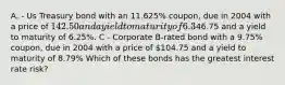 A. - Us Treasury bond with an 11.625% coupon, due in 2004 with a price of 142.50 and a yield to maturity of 6.3% B - Us Treasury strip bond (zero coupon) due in 2004 with a price of46.75 and a yield to maturity of 6.25%. C - Corporate B-rated bond with a 9.75% coupon, due in 2004 with a price of 104.75 and a yield to maturity of 8.79% Which of these bonds has the greatest interest rate risk?